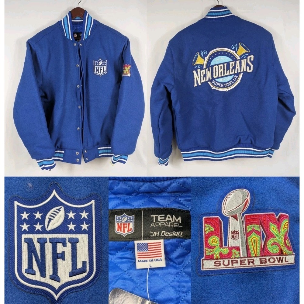 2025 NFL Super Bowl LIX New Orleans JH Design Wool Heavy Coat Sz L Football 3062
